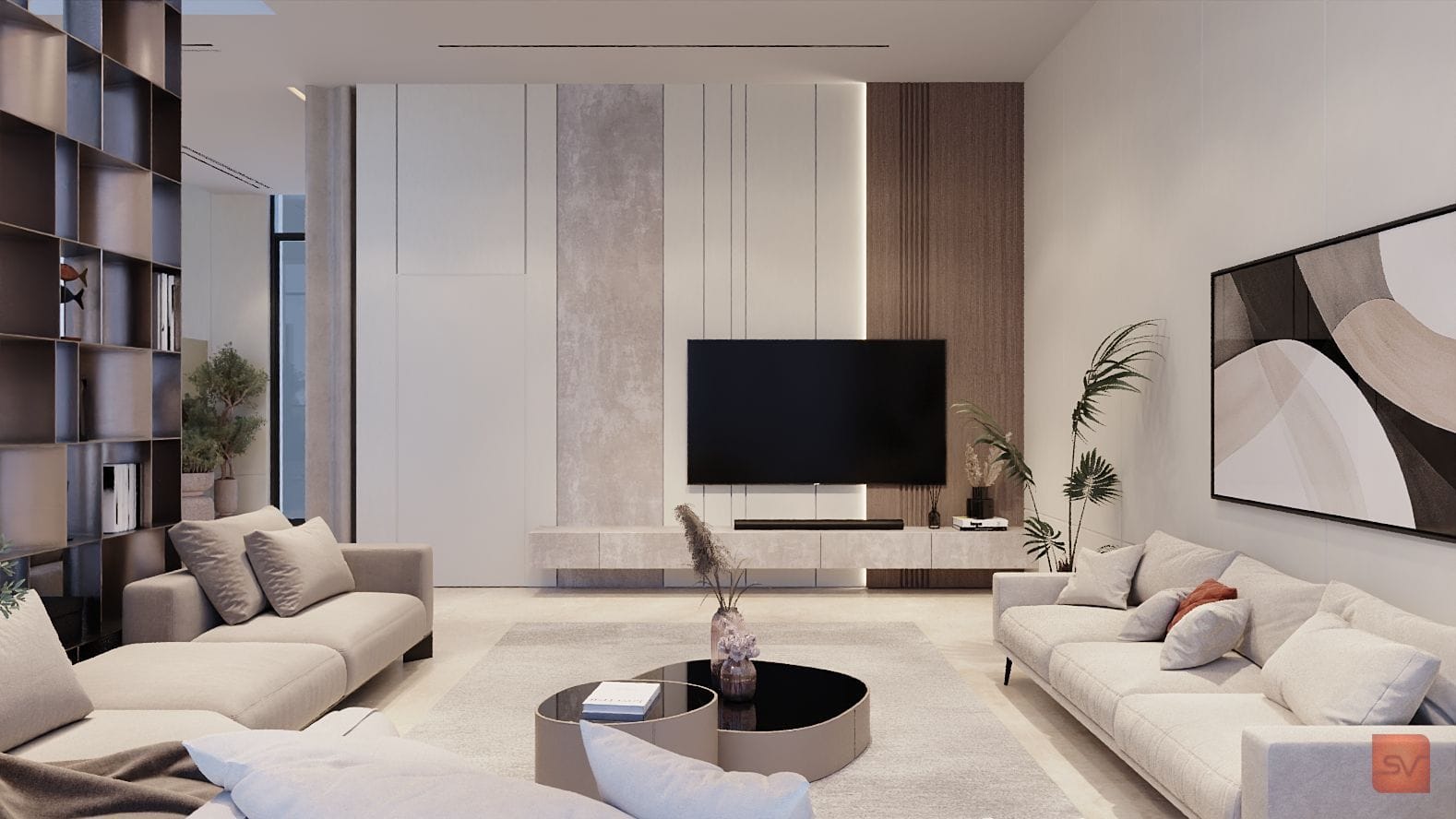 Alshamsi Villa, The Family Room. Soft grays, long afternoons.