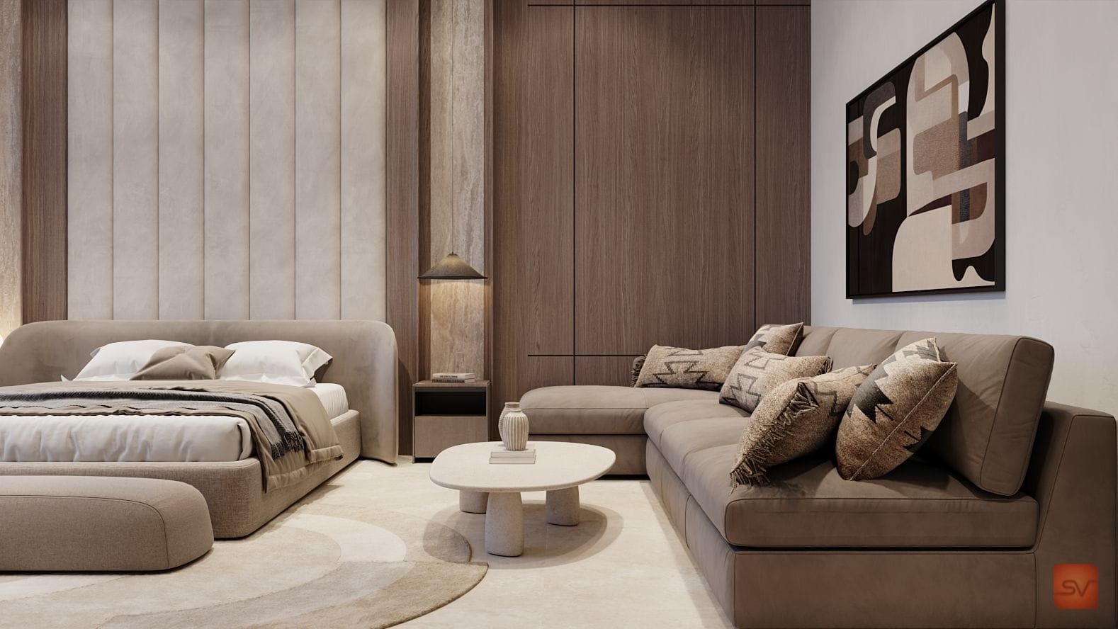 Alshamsi Villa, Evening in the Suite. Cushions catch the lamp glow.