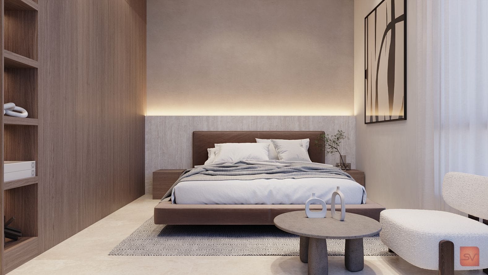 Alshamsi Villa, The Second Suite. Warm light behind the bed.