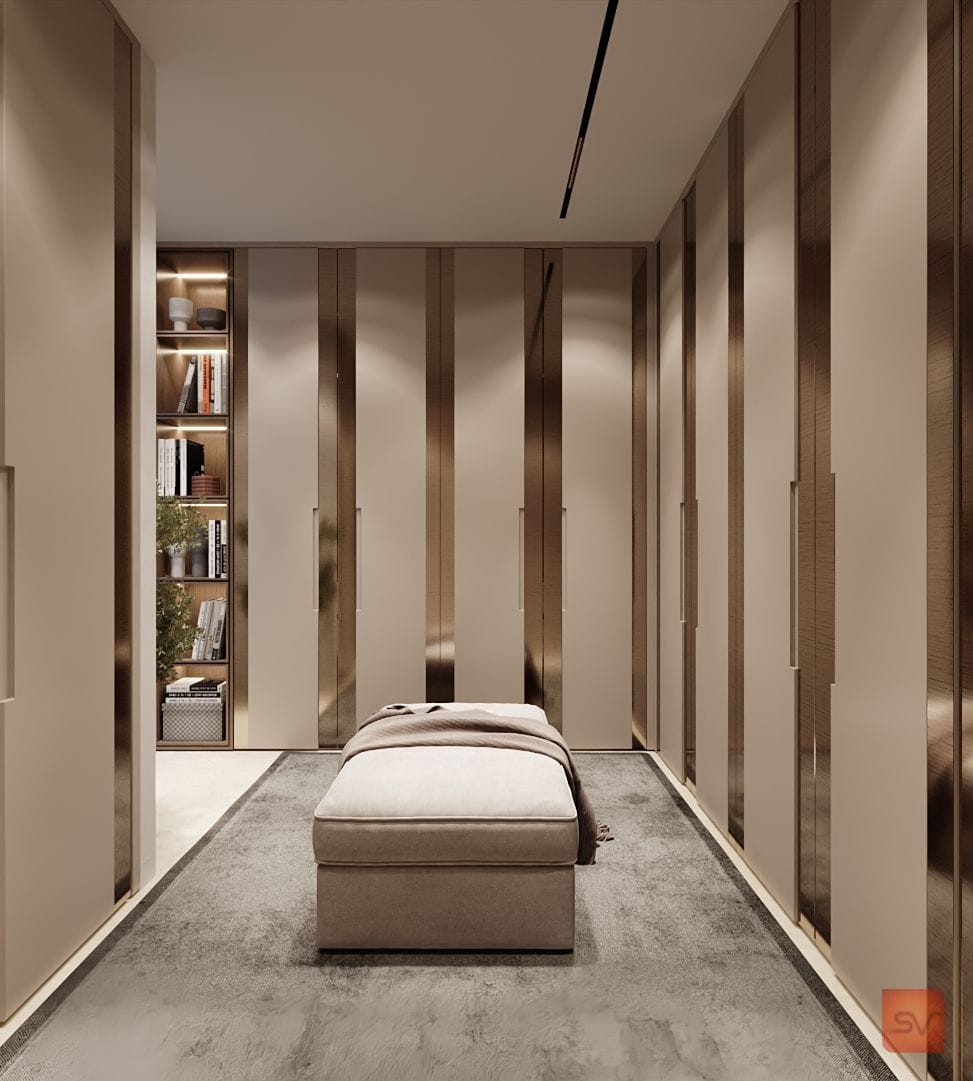 Alshamsi Villa, The Dressing Corridor. Wood ribs, quiet doors.