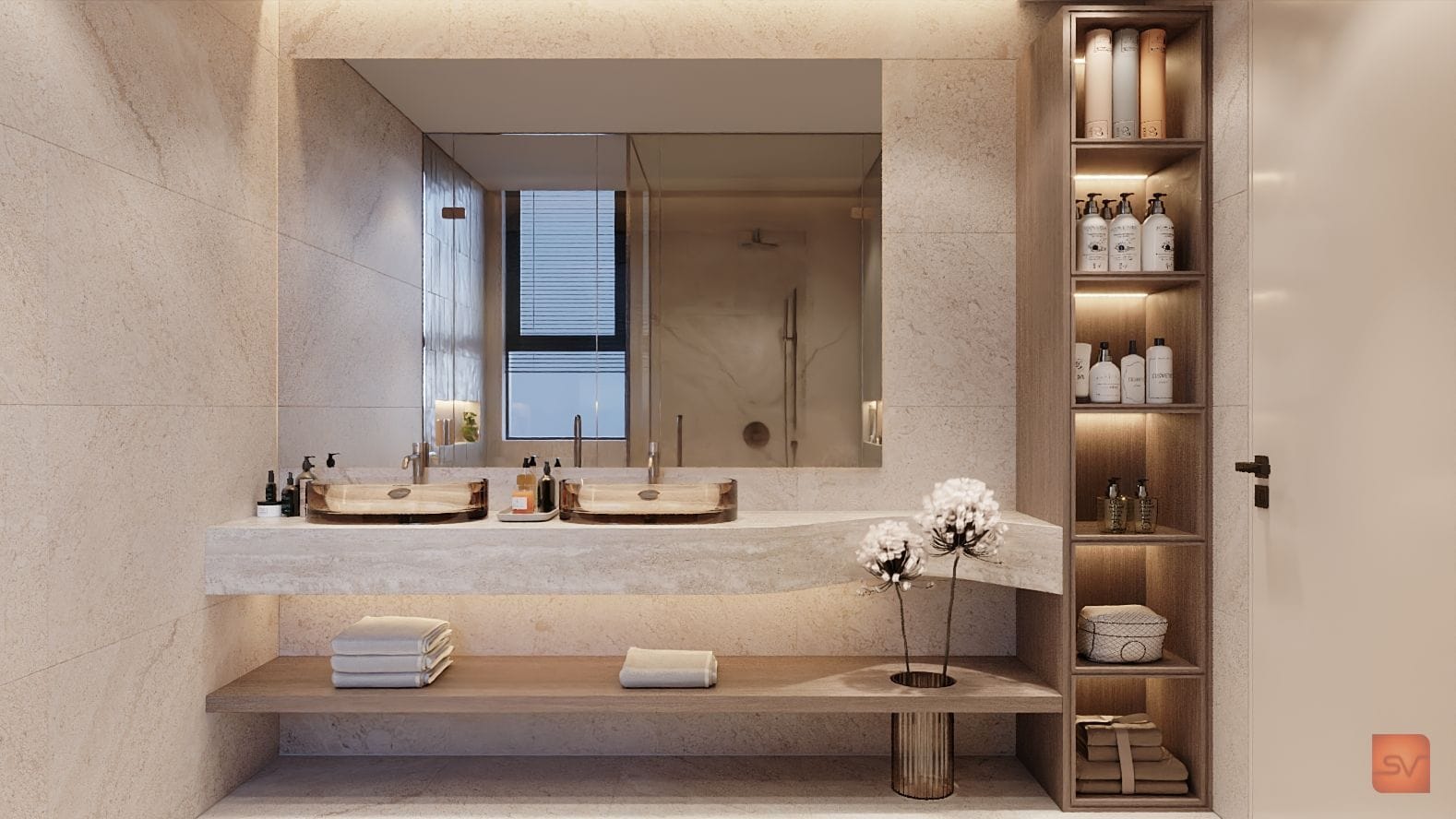 Alshamsi Villa, His and Hers. Two of everything, softly lit.