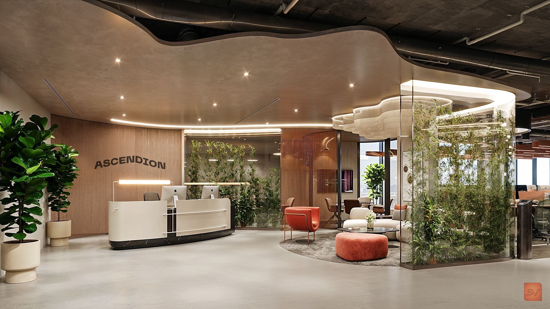 Ascendion, The Name at the Door. Greenery greets before the desk does.