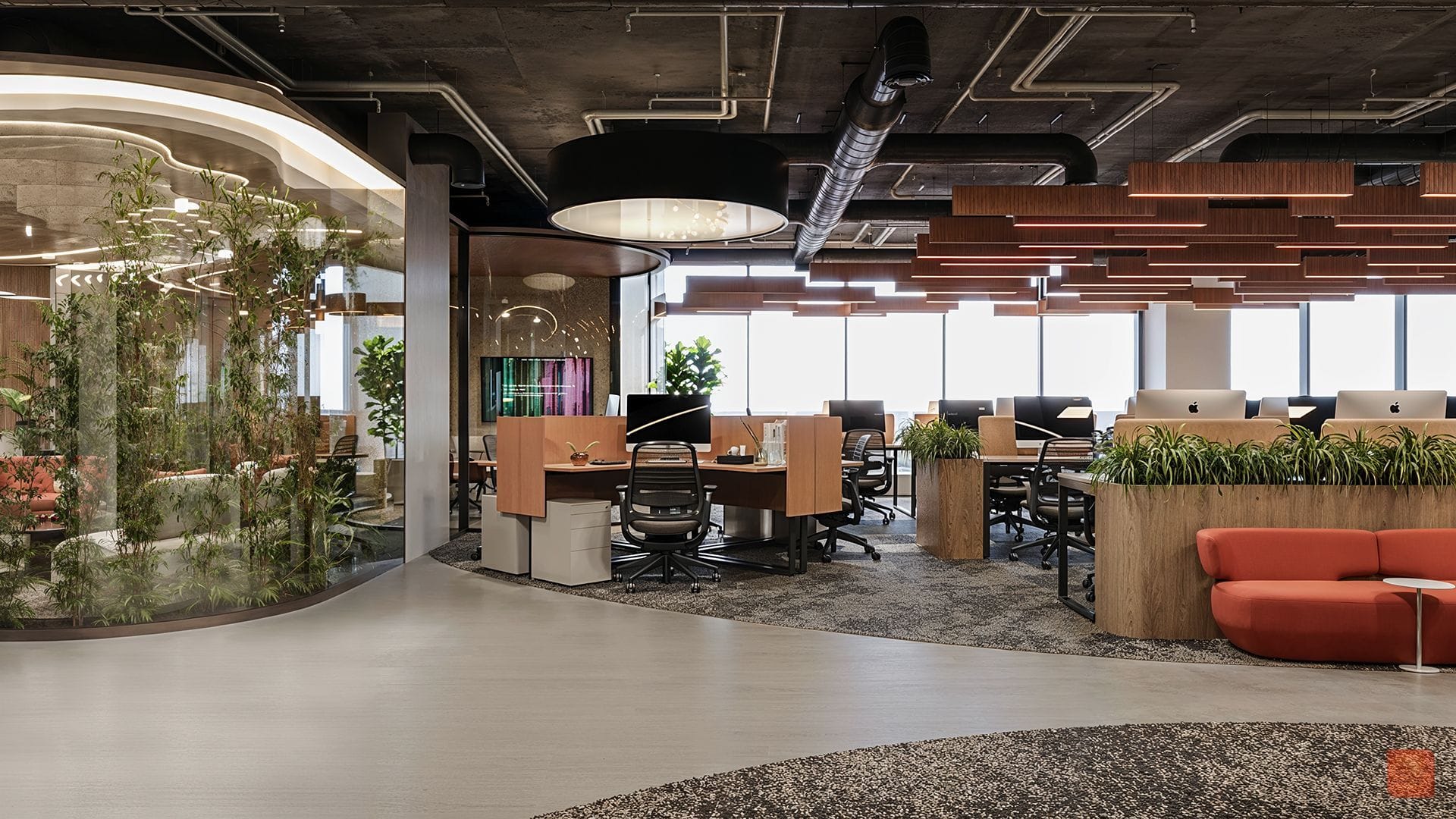 Ascendion, The Planted Floor. Desks share the room with trees.