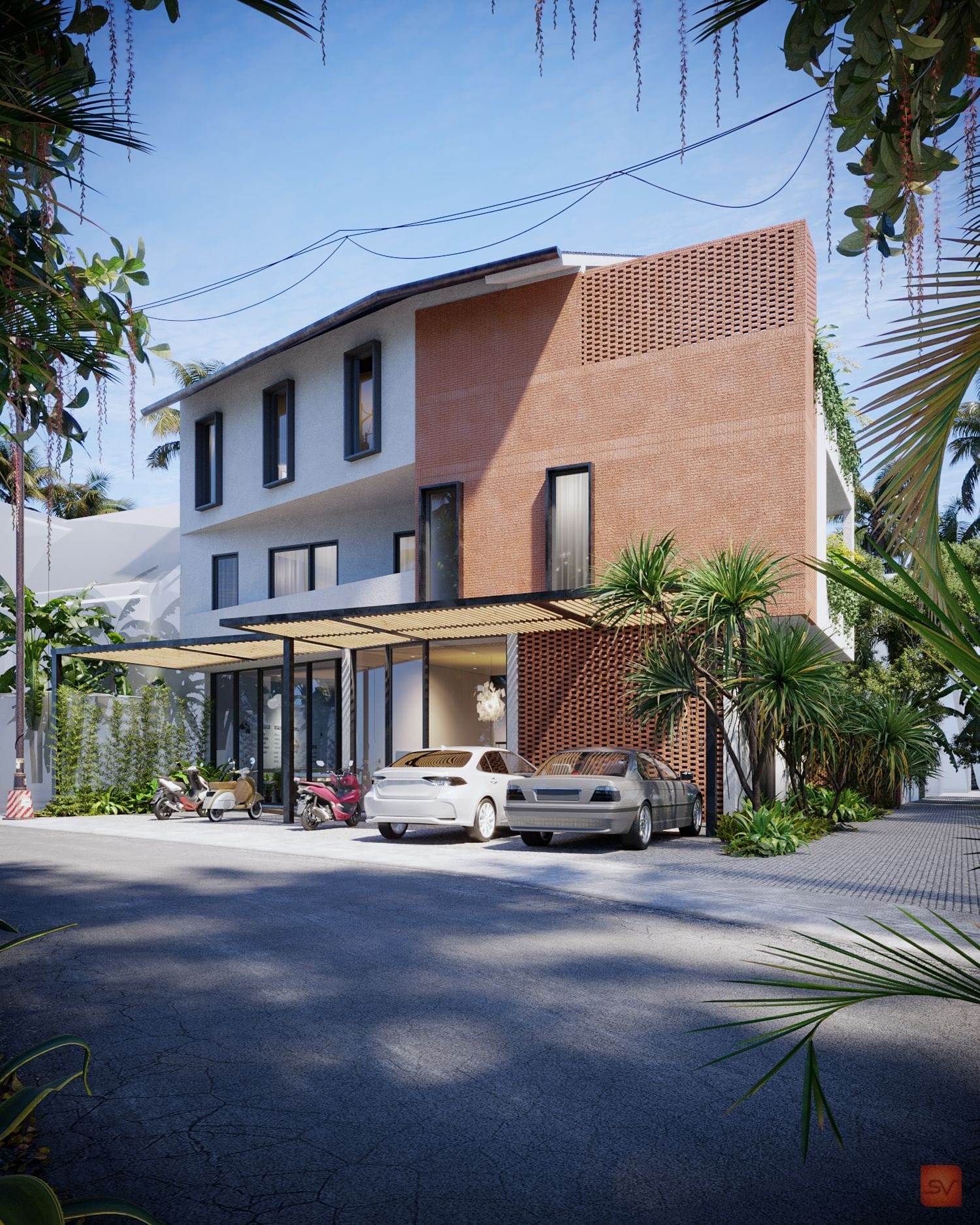 Bali Donatien. A terracotta house under island palms.
