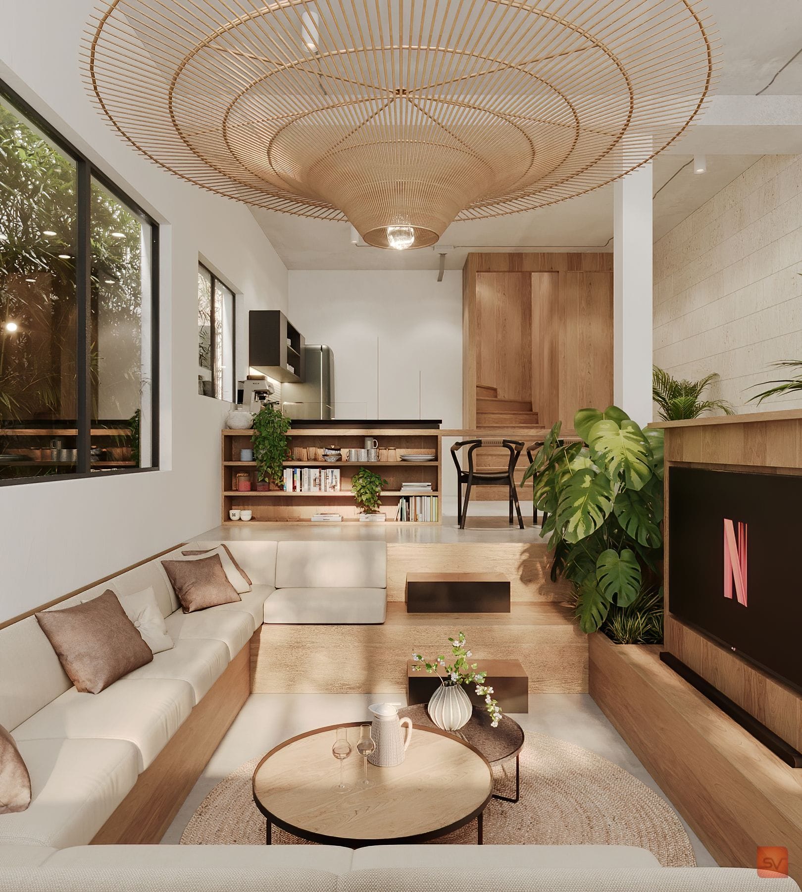Bali Donatien, The Rattan Crown. A woven sun over the kitchen.