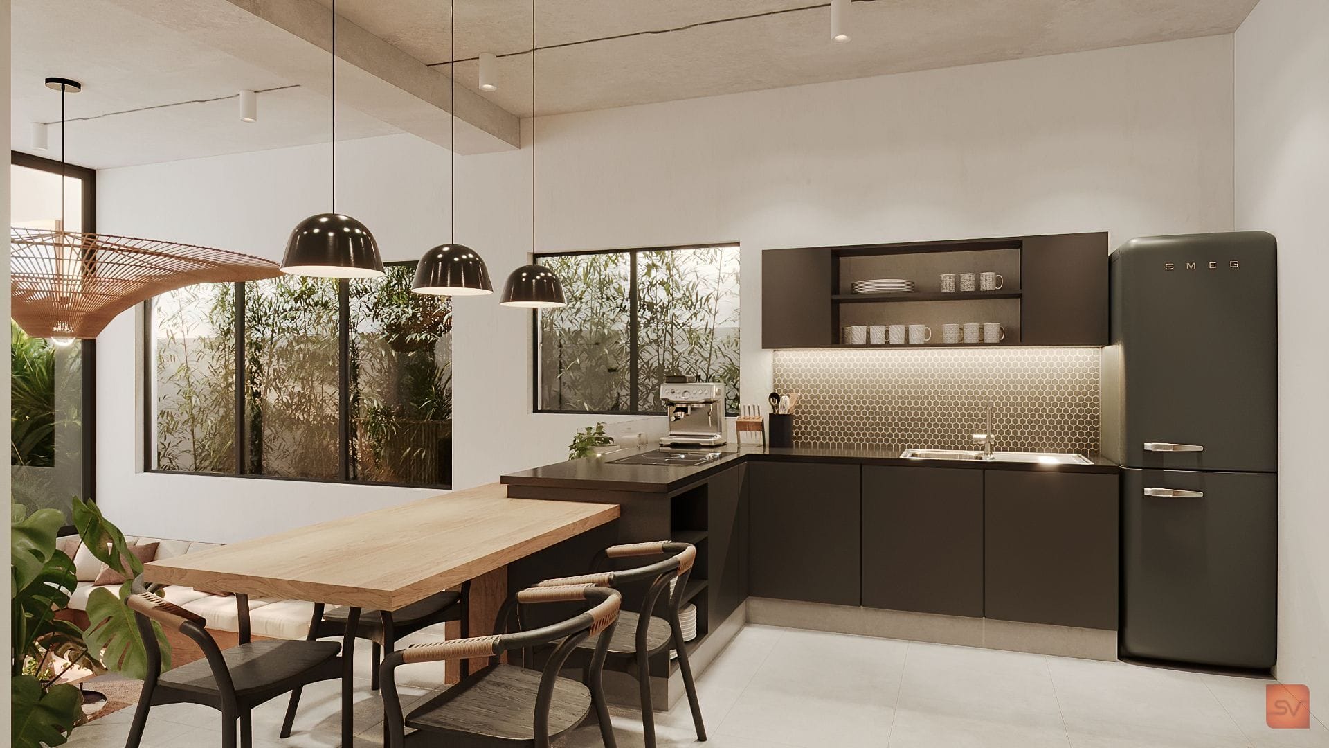 Bali Donatien, The Family Table. Dark kitchen, warm wood.
