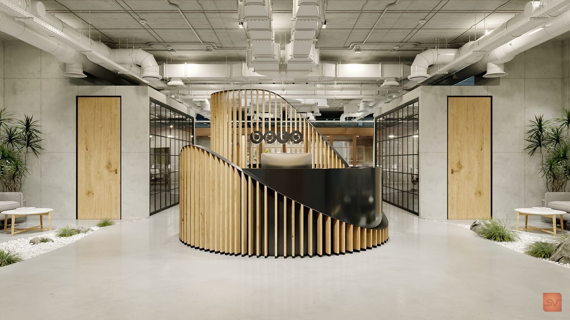 BPTP. A workplace carved in timber waves.