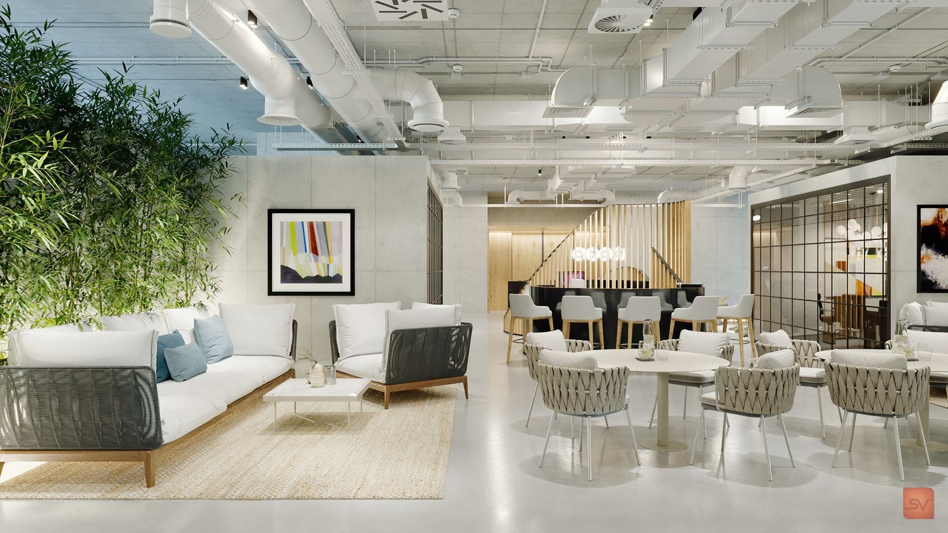 BPTP, The White Lounge. Wicker and calm concrete.
