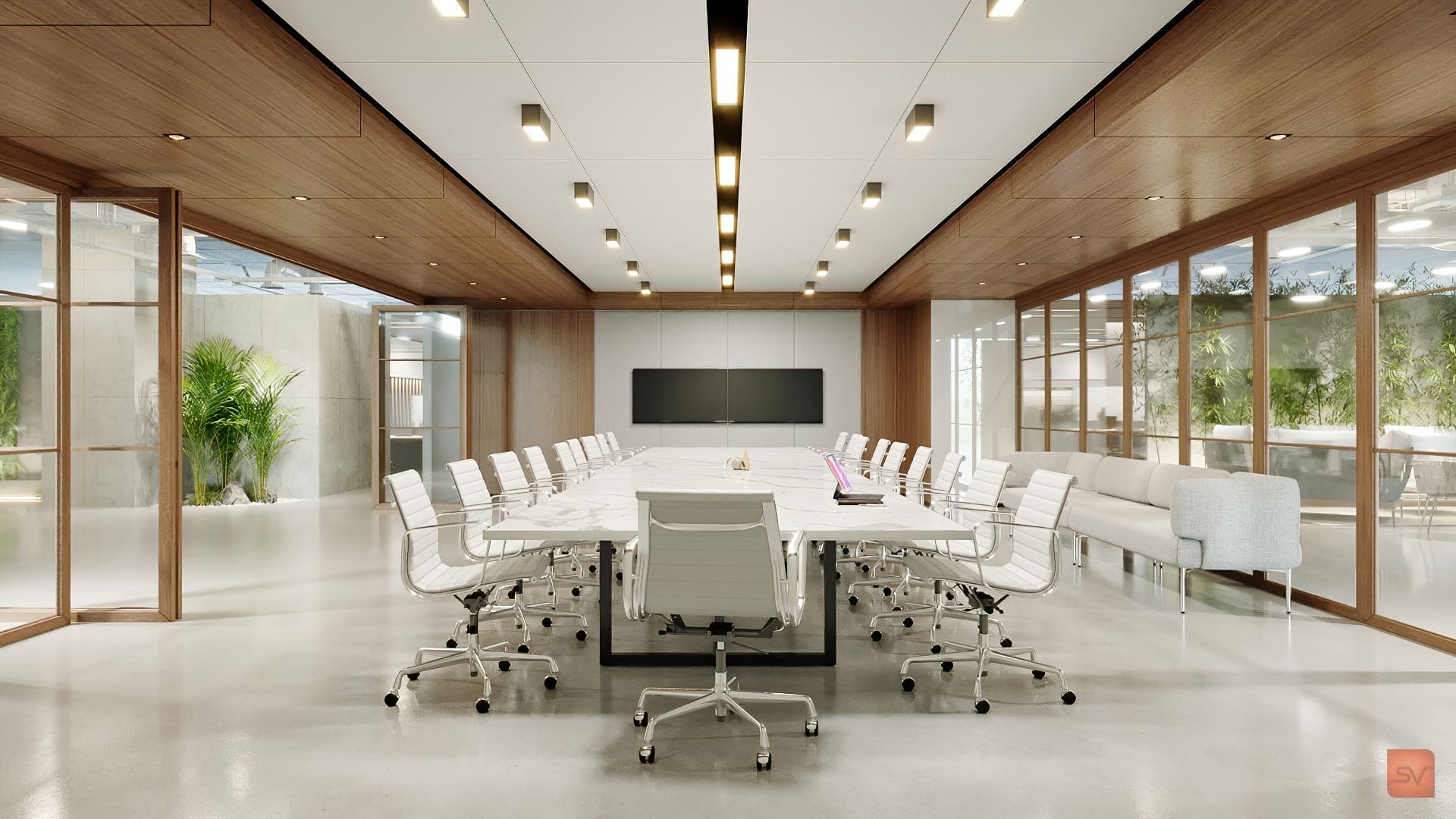 BPTP, The Boardroom. Wood overhead, decisions at hand.