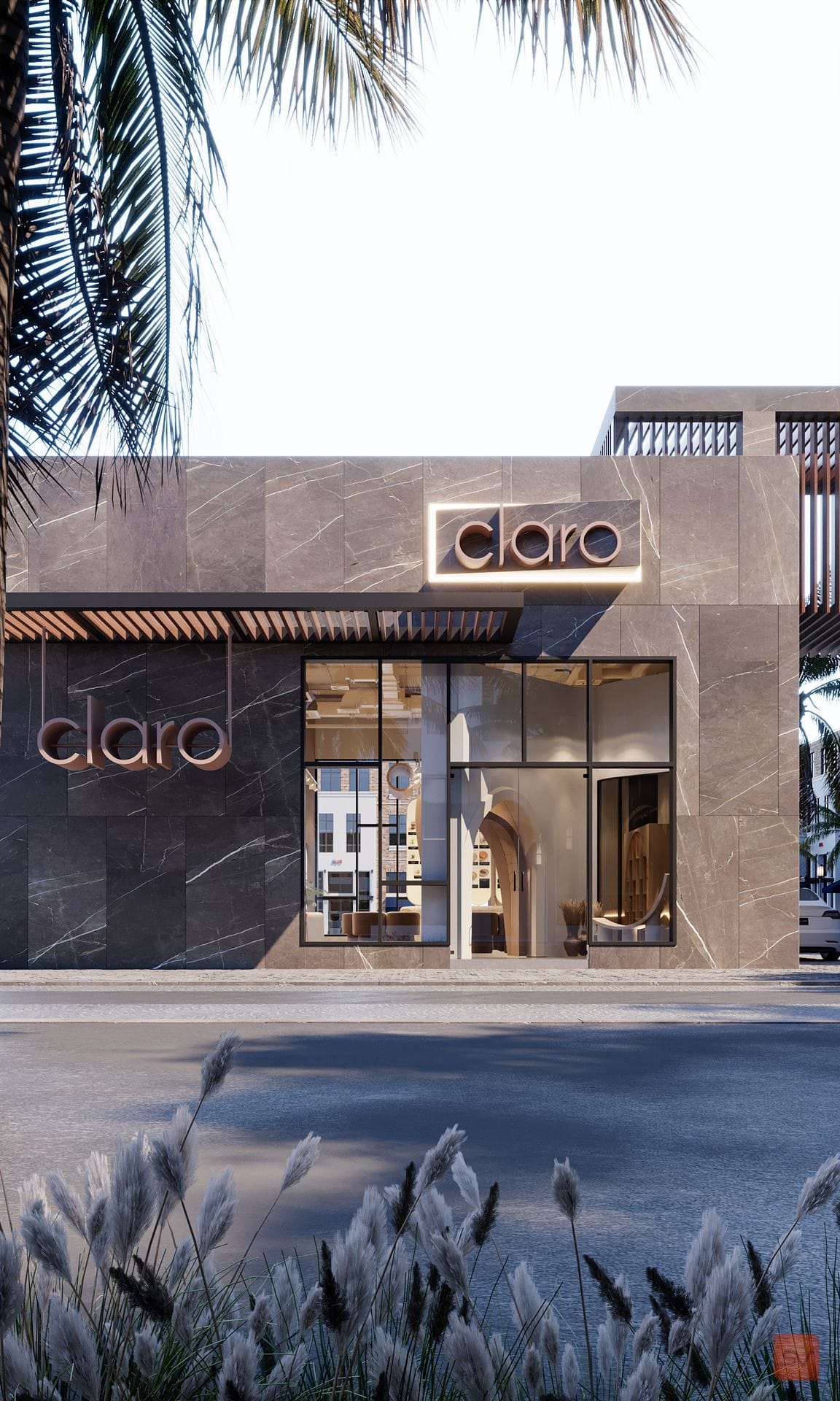 Claro Cafe, Beneath the Palms. Stone face, morning shade.