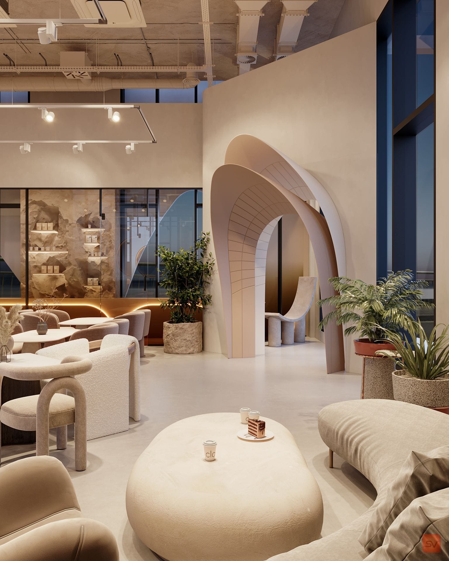 Claro Cafe, Inside the Shell. Soft walls, tall light.