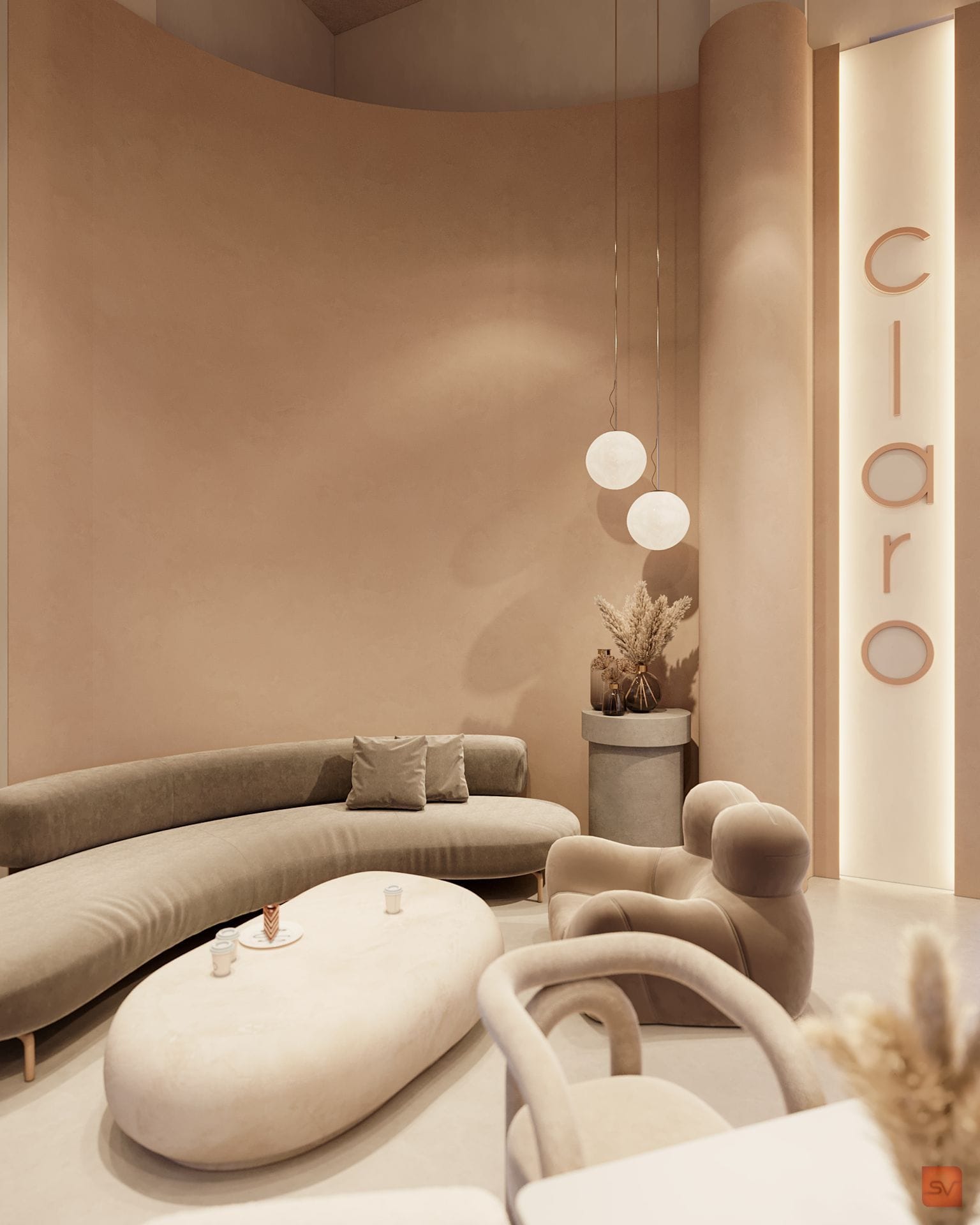 Claro Cafe, The Soft Wall. Plaster curves under small moons.