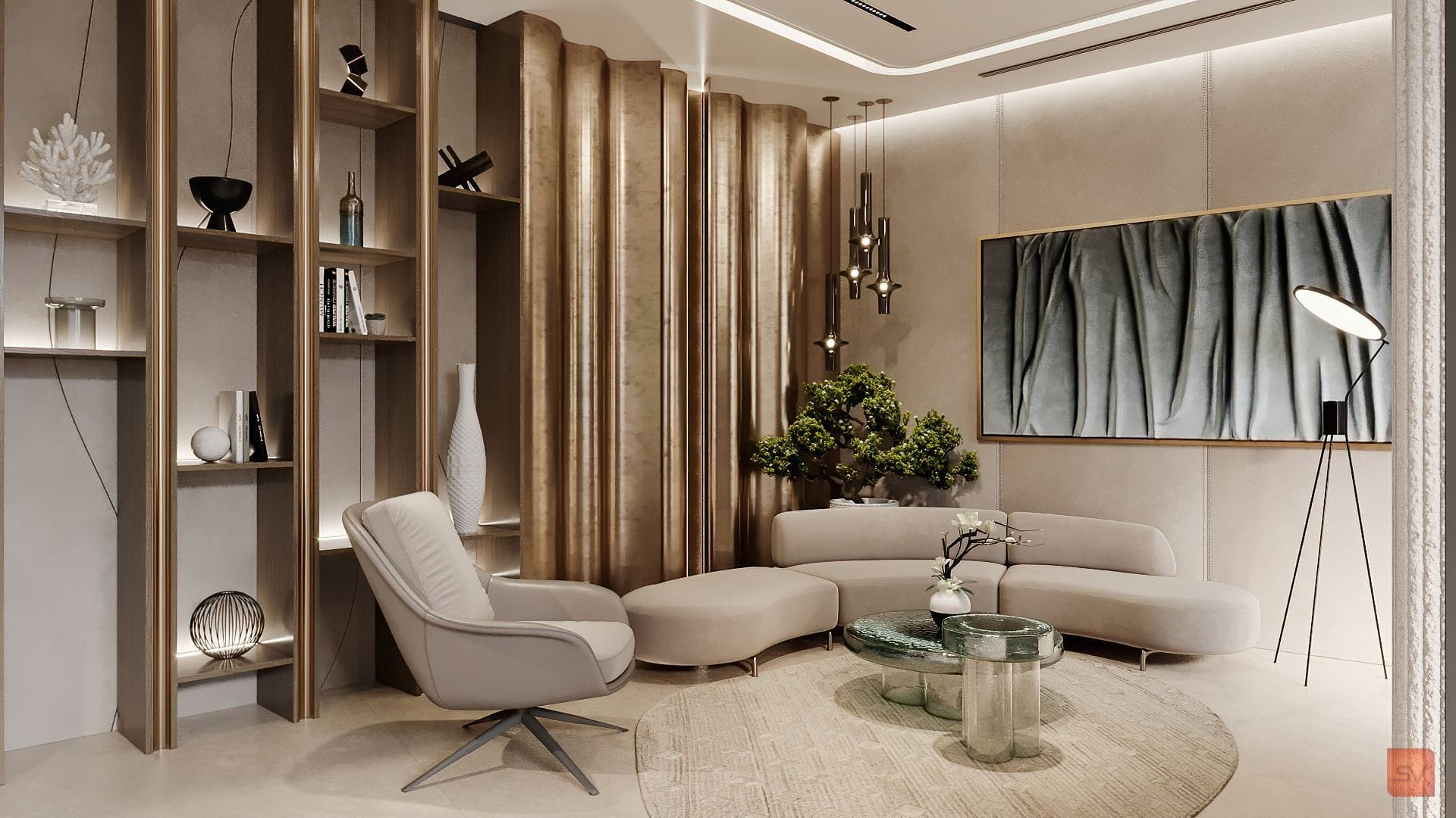 Irise, The Salon. Brass ribs, soft chairs.