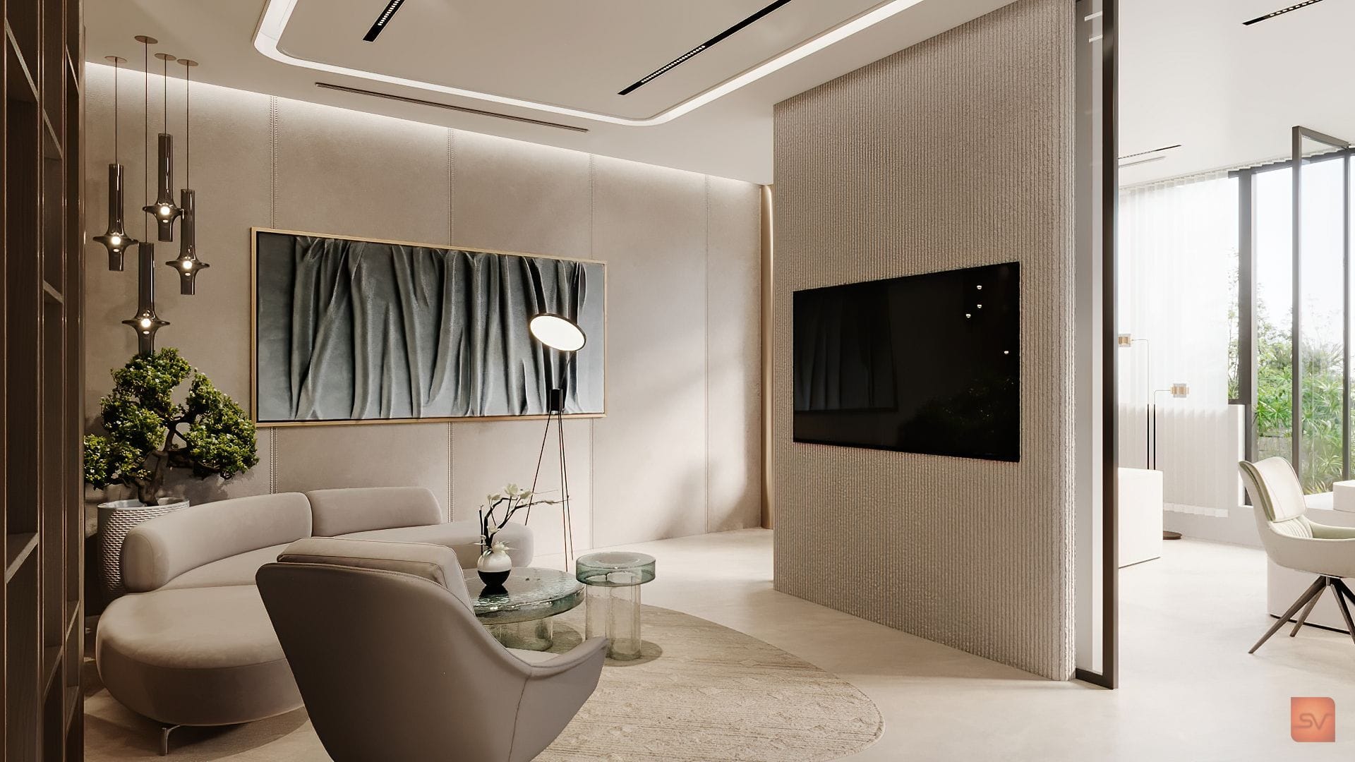Irise, The Sitting Room. Curves face each other.