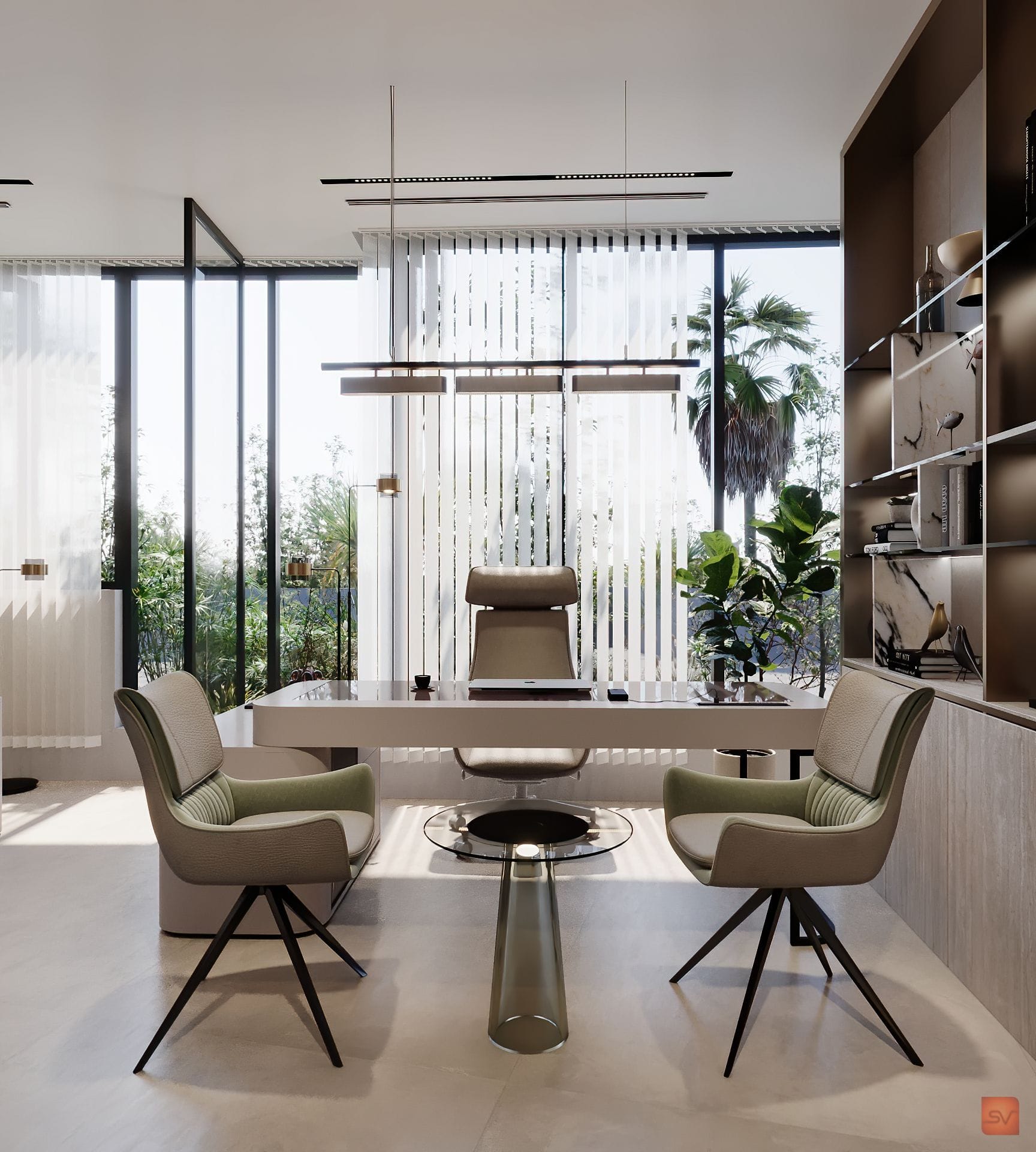 Irise, A Desk in the Light. Work faces the palms.