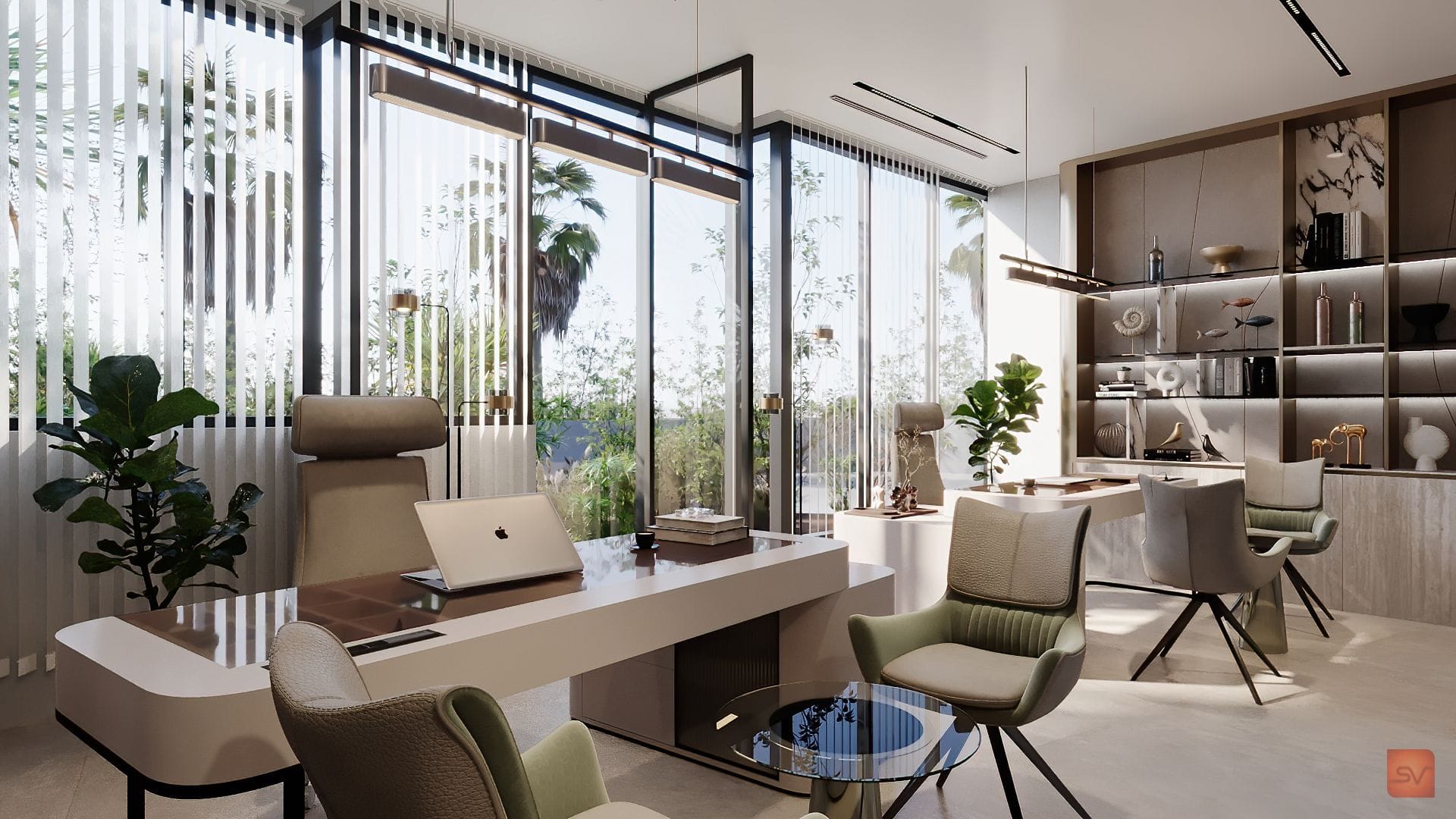 Irise, The Corner Office. Green chairs, long views.
