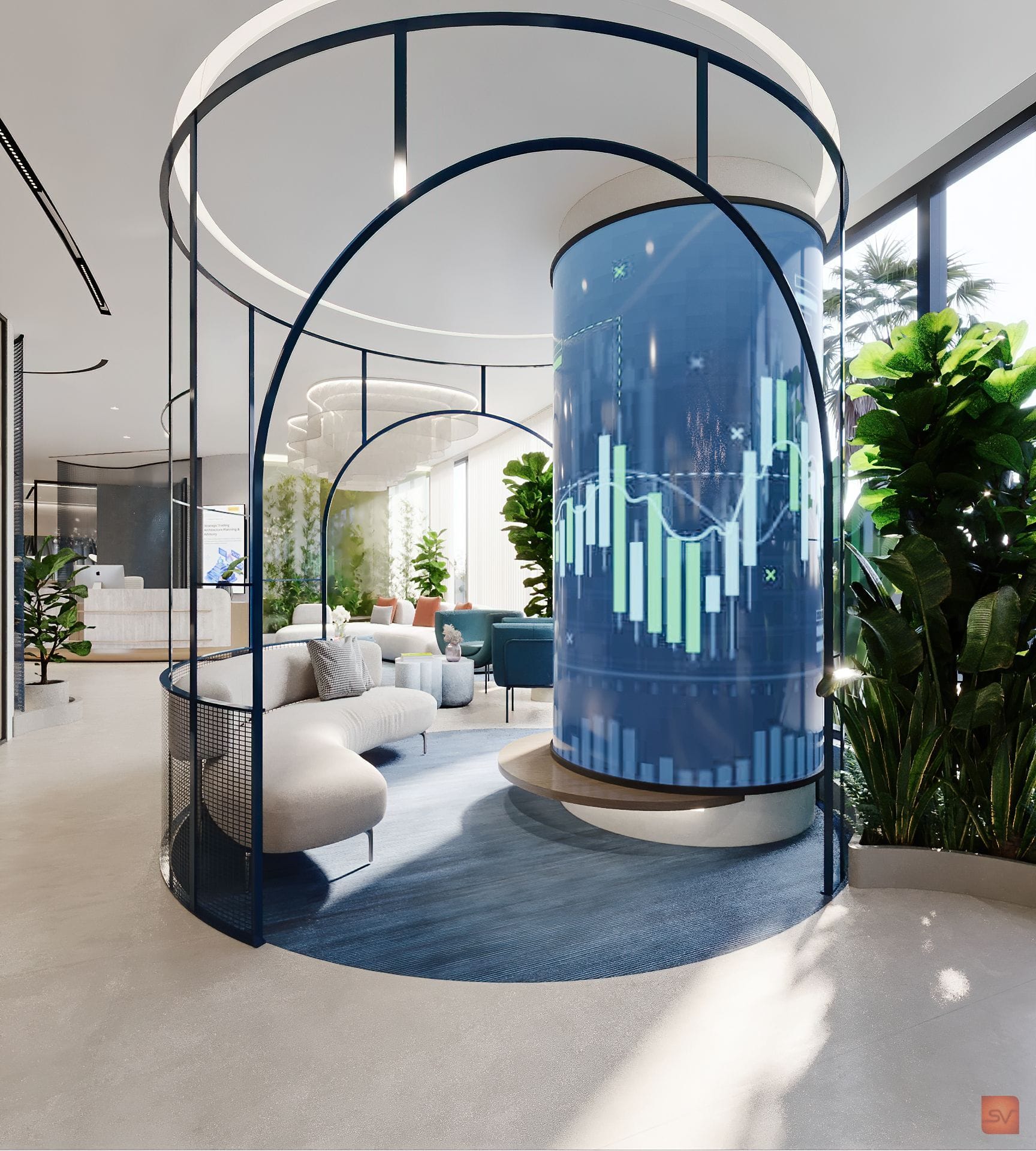 Irise, The Ticker. Markets climb a column of glass.
