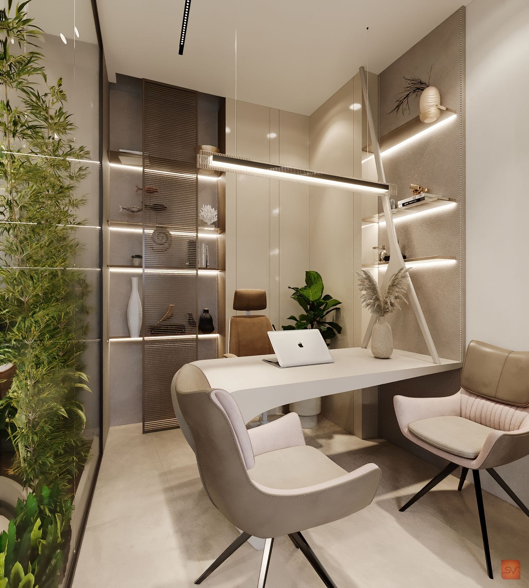 Irise, The Study. Shelves lit for thinking.