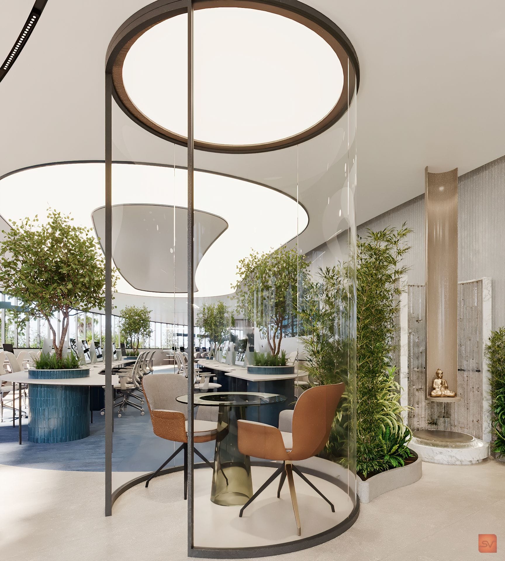 Irise, Rings and Trees. Light circles the indoor grove.