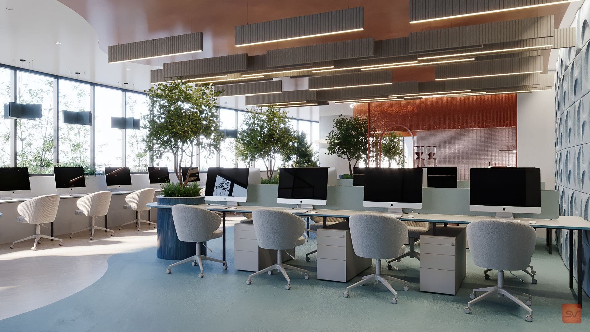 Irise, Rows of Quiet. Desks under acoustic clouds.