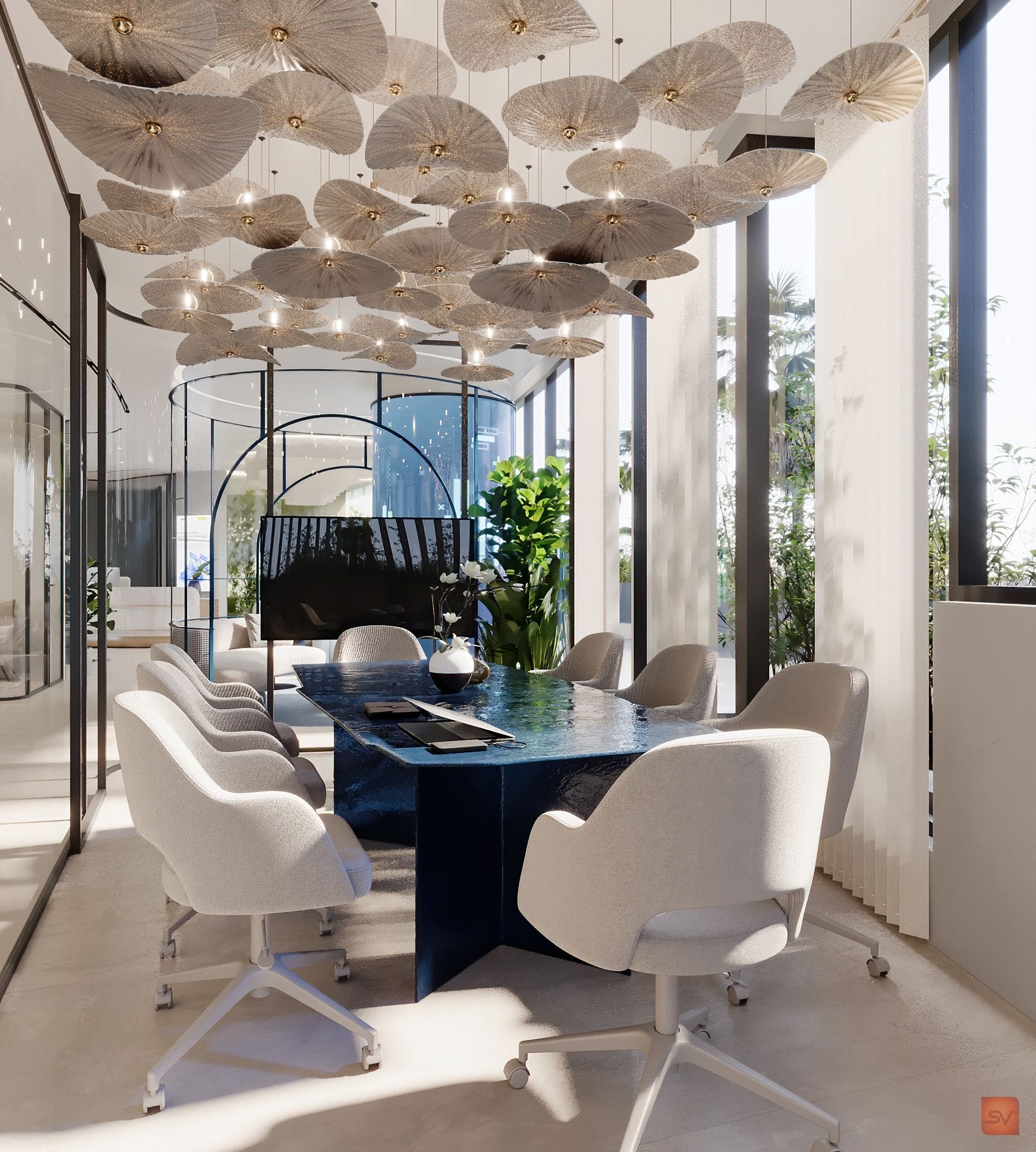Irise, The Parasols. A ceiling of woven shades.