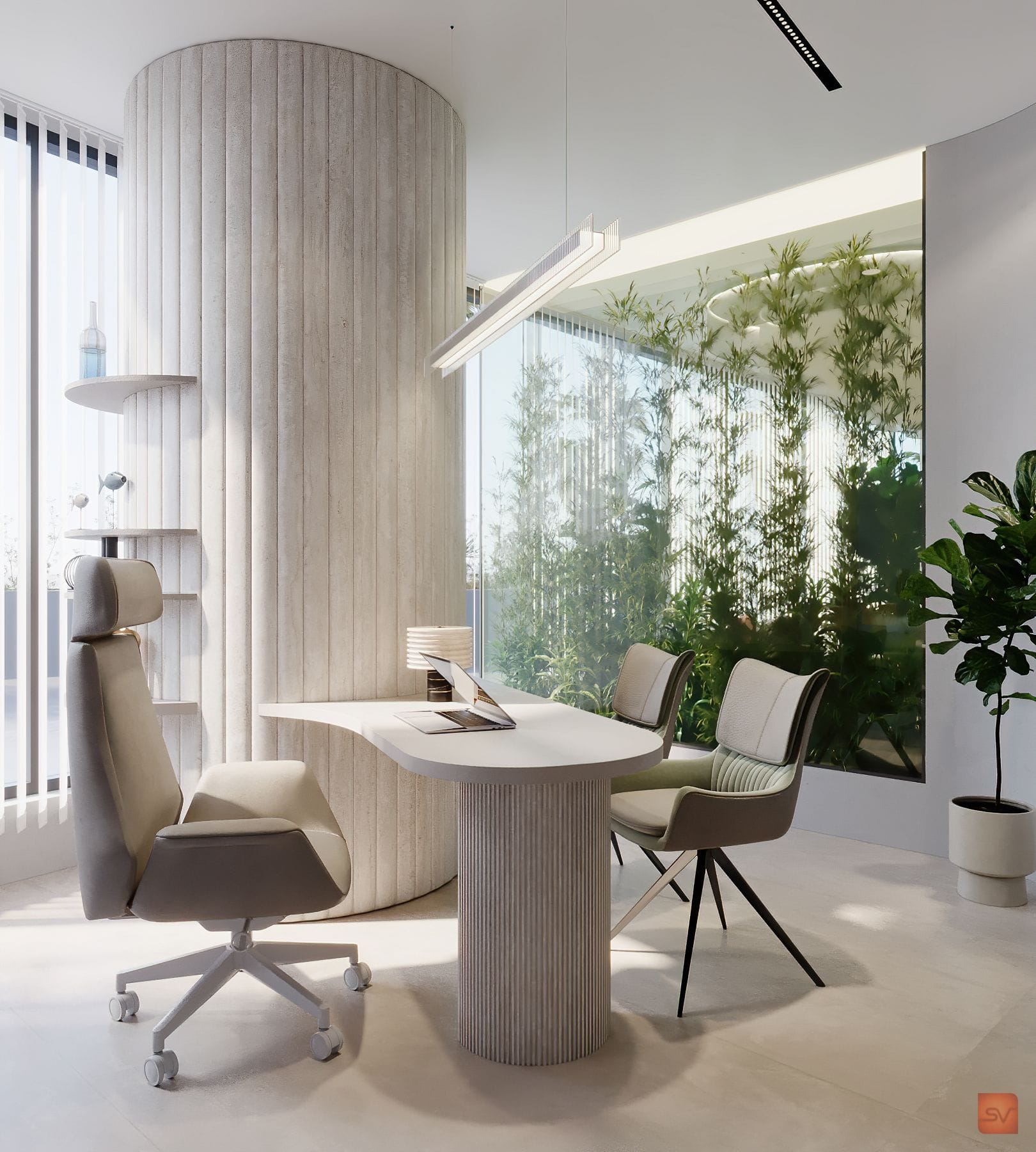 Irise, The Founder's Desk. A column of quiet authority.