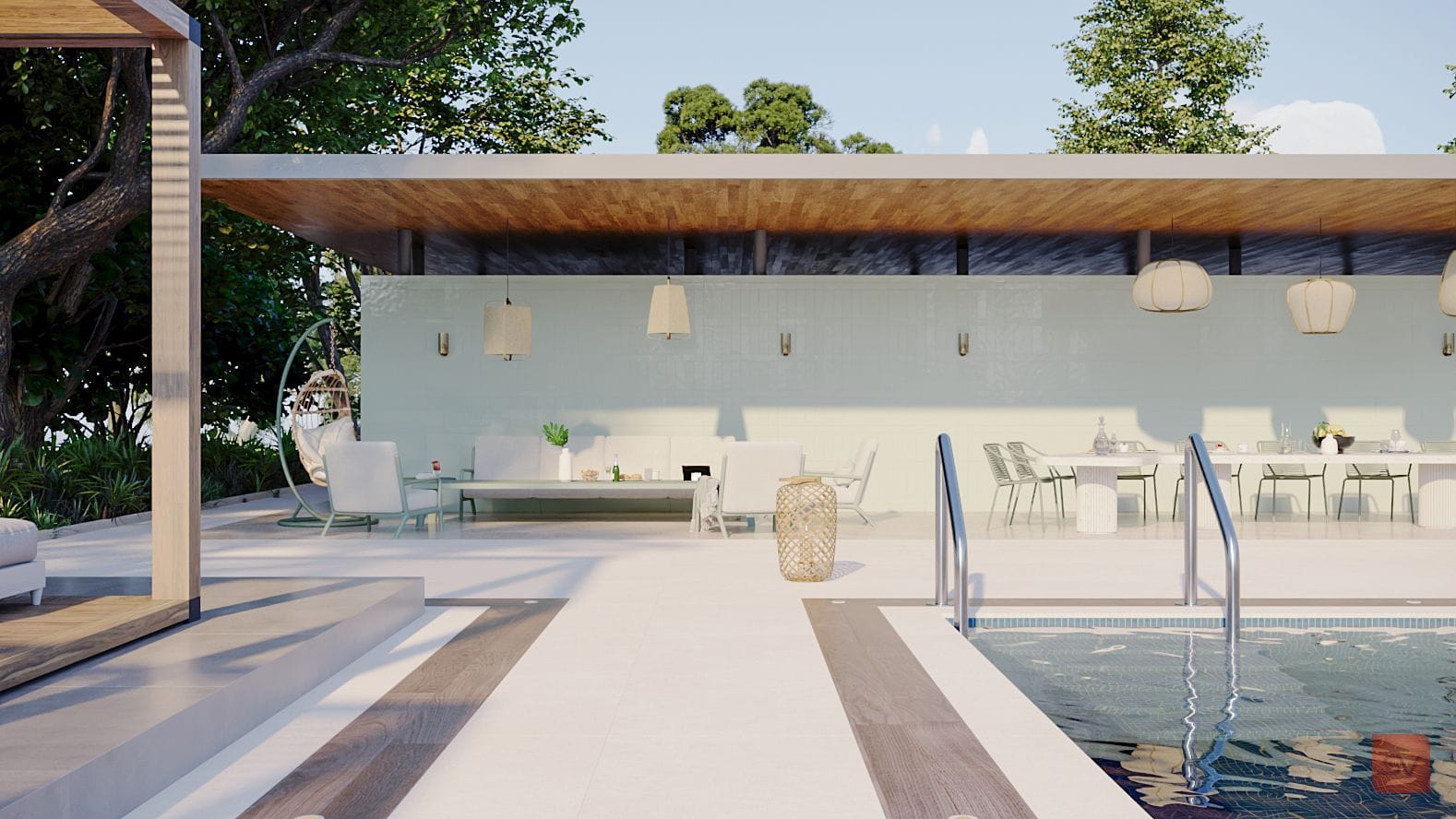 Kajaria, The Pavilion. Timber roof, bright water.