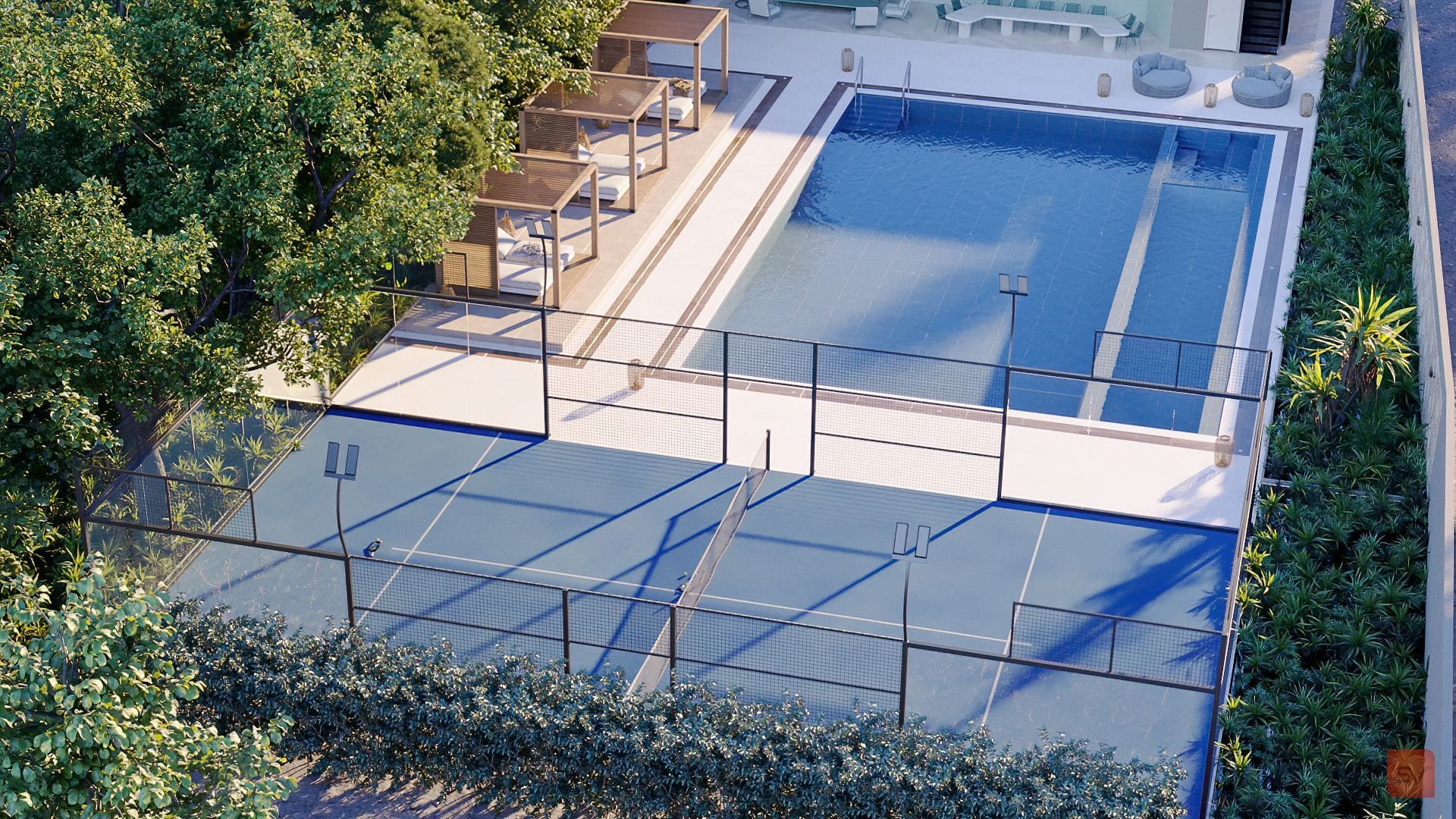 Kajaria, From Above. Courts and water in one frame.