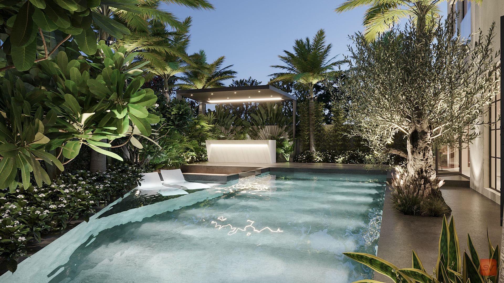 Meadows, Where Water Falls. The pool gathers beneath the palms.