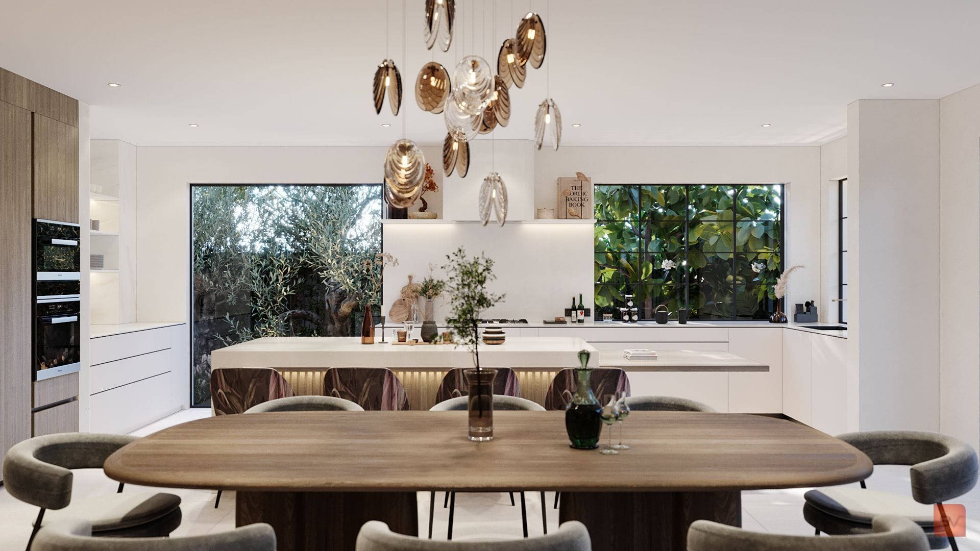 Meadows, Amber Pendants. Glass fruit over the table.