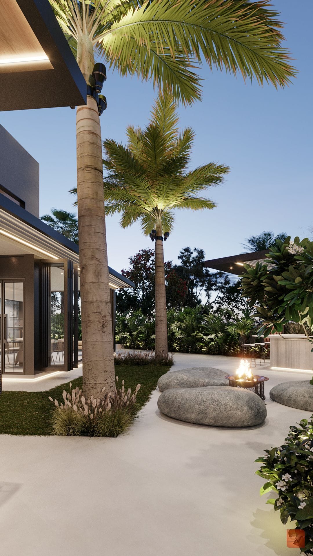 Nausheen Villa, The Canopy Light. Fronds lit from below.