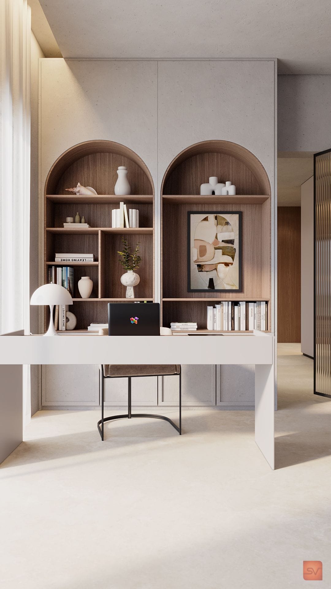 Nausheen Villa, The Arched Shelves. Two soft openings, kept simple.