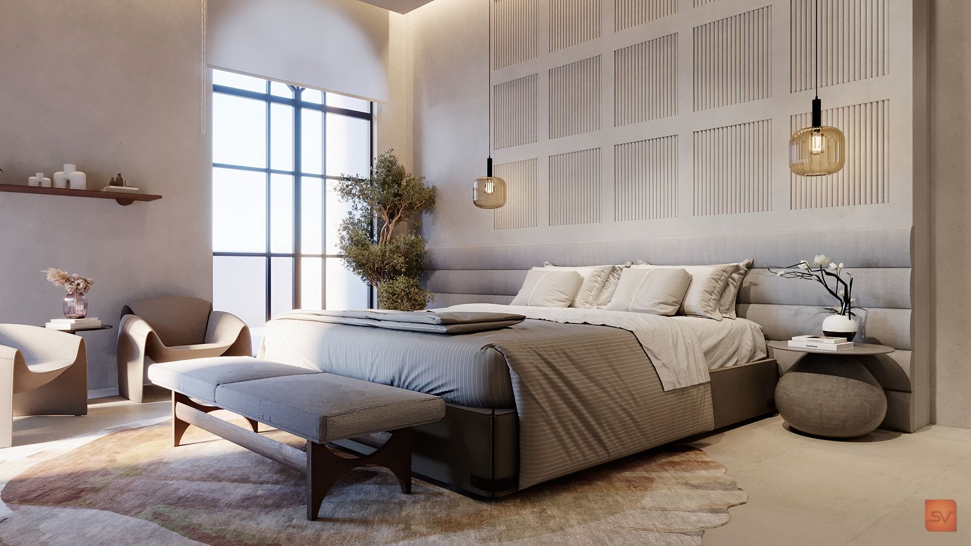 Omar Ibrahim, The Master Room. A bed in filtered light.