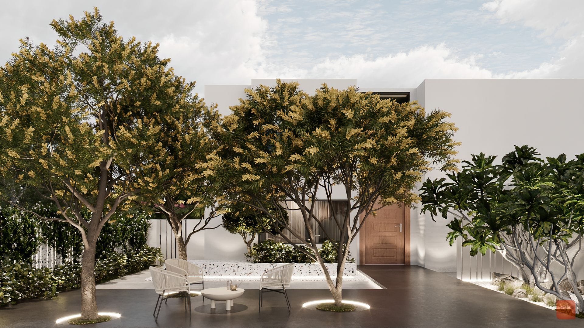 Temmeque, The Courtyard. A seat beneath the tree.