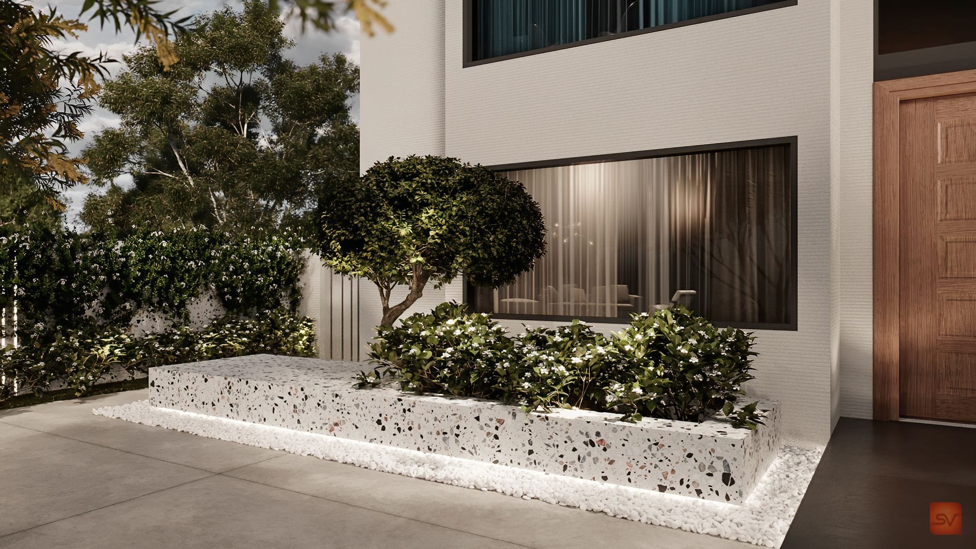 Temmeque, The Terrazzo Edge. Speckled stone, soft hedge.