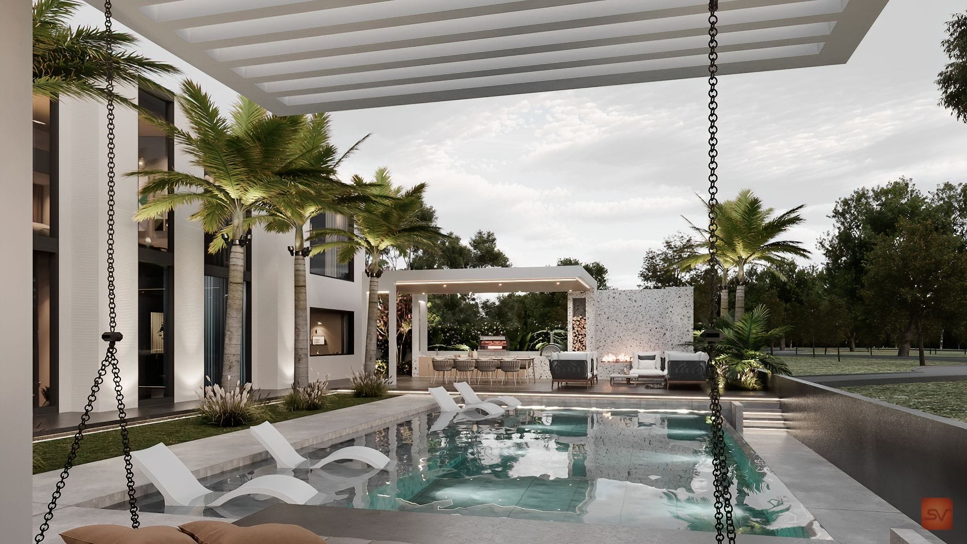 Temmeque, Under the Pergola. Chains, shade, and water.