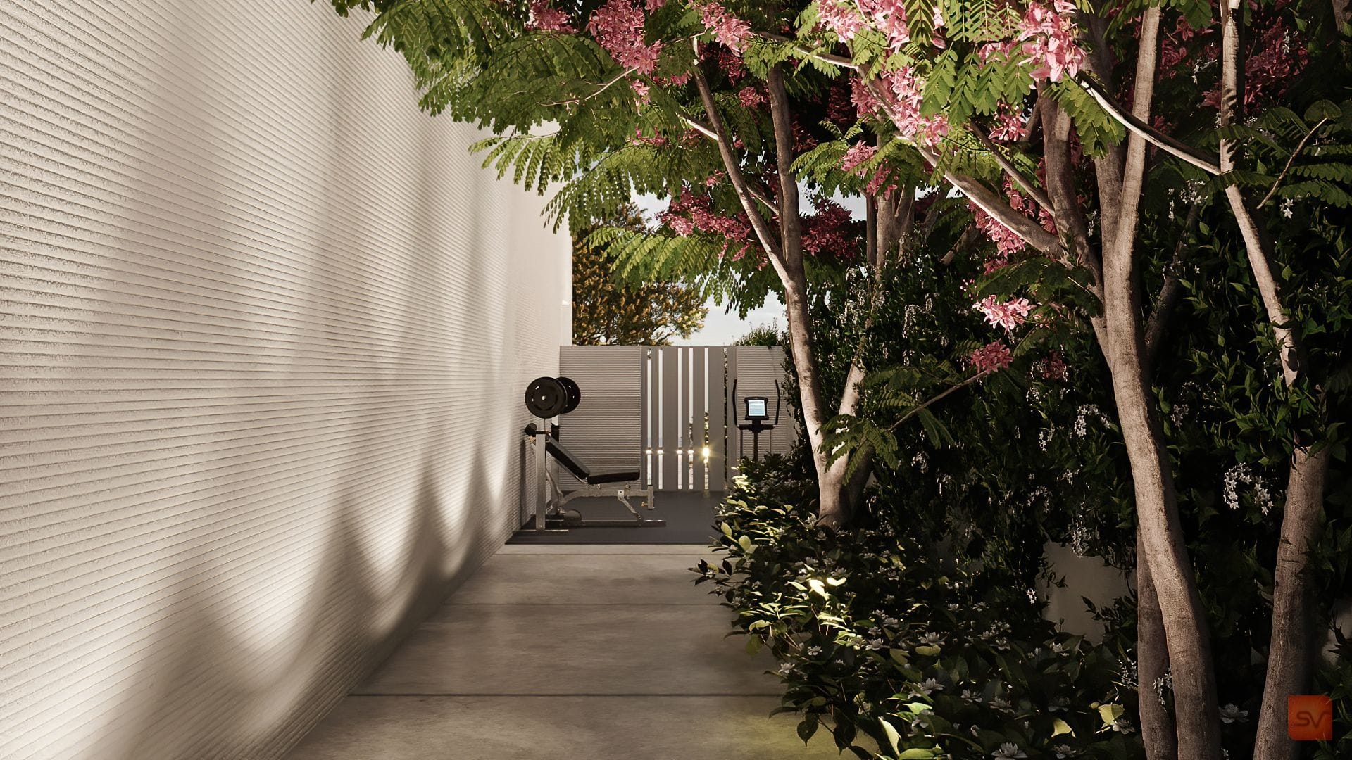 Temmeque, The Blossom Gate. Pink shade over the path.