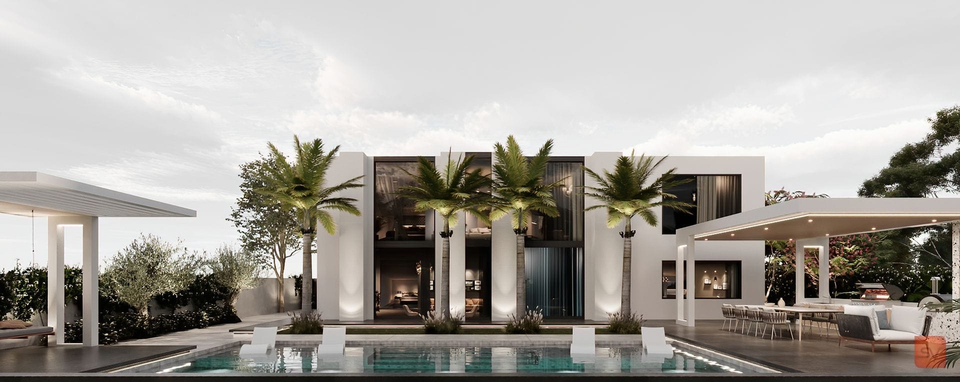 Temmeque, The Whole Garden. Palms stand over both pavilions.