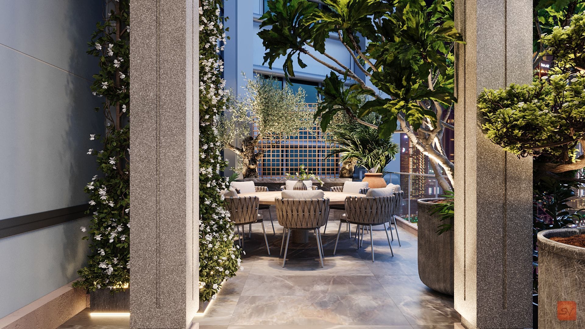 Terrace, The Jasmine Column. Flowers climb to dinner.