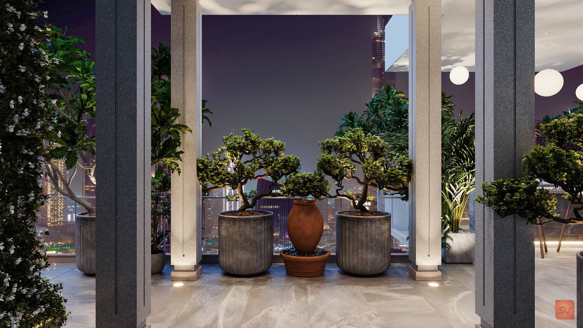 Terrace, The Bonsai Court. Small trees, tall city.